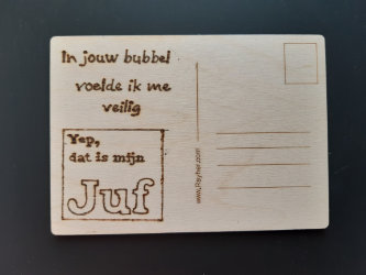 postkaart klein hout uniek cadeau handgemaakt pyrografie juf meester allerlei creatieve nootje